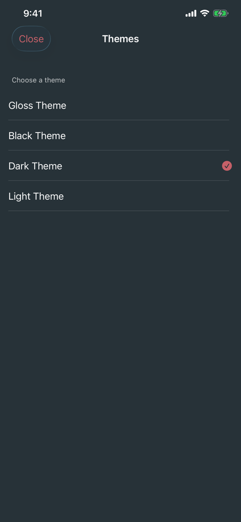 Pi Music Player - Theme selection screen in Pi Music Player showing gloss black dark and light theme options