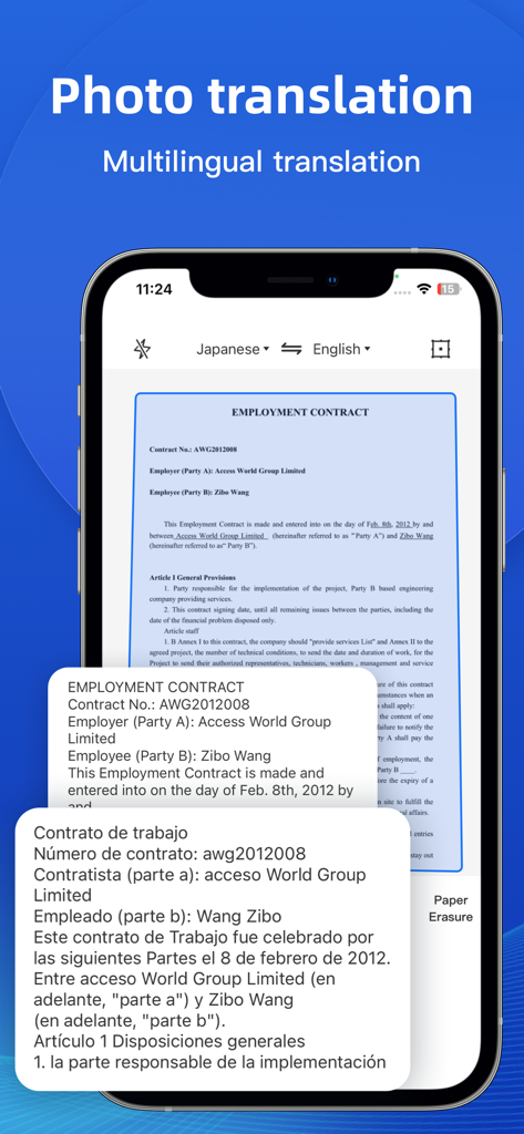 Smartphone screen showing the photo translation feature of a document scanner app converting a contract to Spanish.