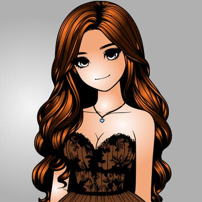 realistic girl with long hair and pretty prom dress