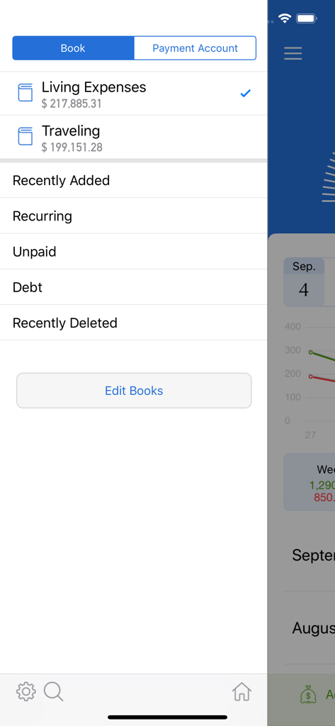 Side menu in MoneyBook Pro displaying different budget books and account categories