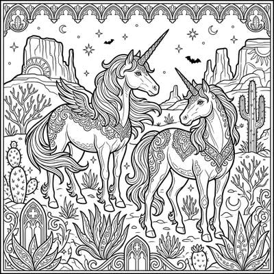 Step into a realm where mystical desert unicorns meet gothic elegance in this captivating coloring page. Adorned with intricate patterns and surrounded by a stylized desert, this artwork offers a unique fantasy experience.