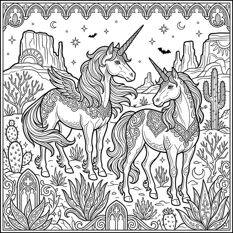 Step into a realm where mystical desert unicorns meet gothic elegance in this captivating coloring page. Adorned with intricate patterns and surrounded by a stylized desert, this artwork offers a unique fantasy experience.