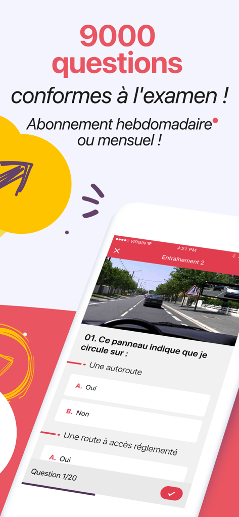 A smartphone screen displaying a French driving theory test question and multiple choice answers
