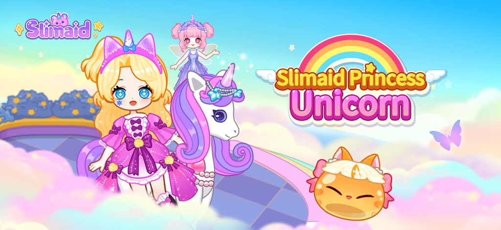 Slimaid Princess: Unicorn - Slimaid Princess Unicorn game title screen featuring a blonde princess, a magical unicorn, and a colorful rainbow in the sky