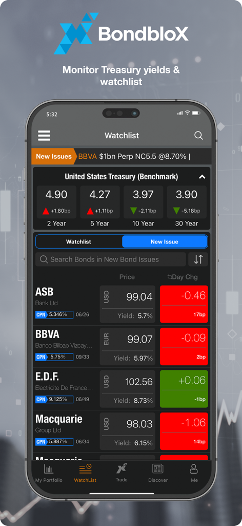 BondbloX mobile app screen showing a bond watchlist and US Treasury benchmark yields