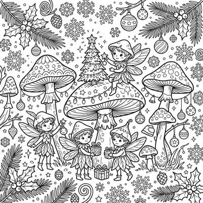 Step into a magical world where tiny mushroom fairies prepare for an enchanting Christmas celebration. This delightful coloring page features adorable winged creatures amidst festive mushrooms, decorated trees, and a flurry of winter wonder.
