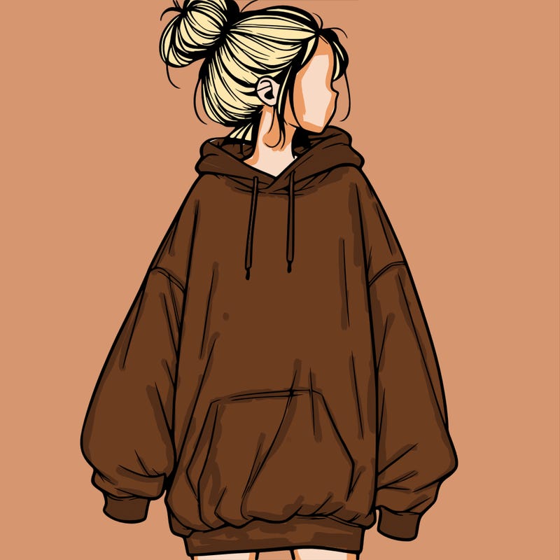 realistic girl with a oversized sweatshirt on and a bun