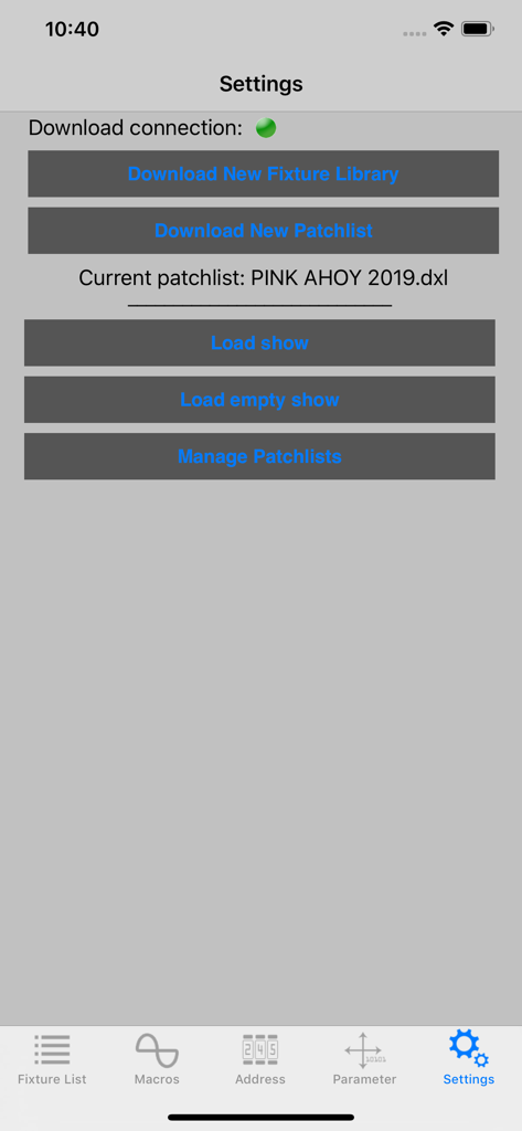 Fixture Tester - The settings screen of the Fixture Tester app showing options to download fixture libraries and manage patchlists