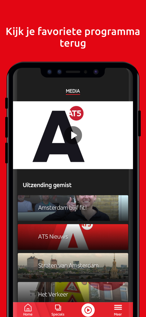 Smartphone interface of the AT5 app showing the media section with video categories for Amsterdam news and local television programs