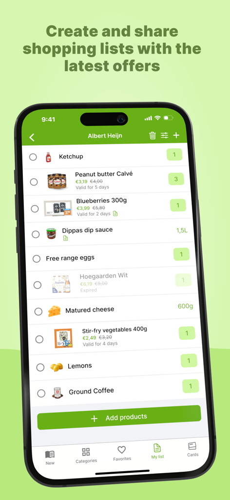 myShopi – leaflets & promos - Interface of the myShopi app showing a digital shopping list with various grocery items and their discounted prices