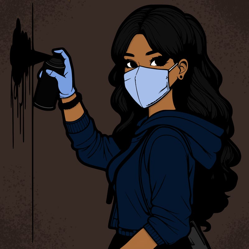 realistic girl with mask spray painting a wall