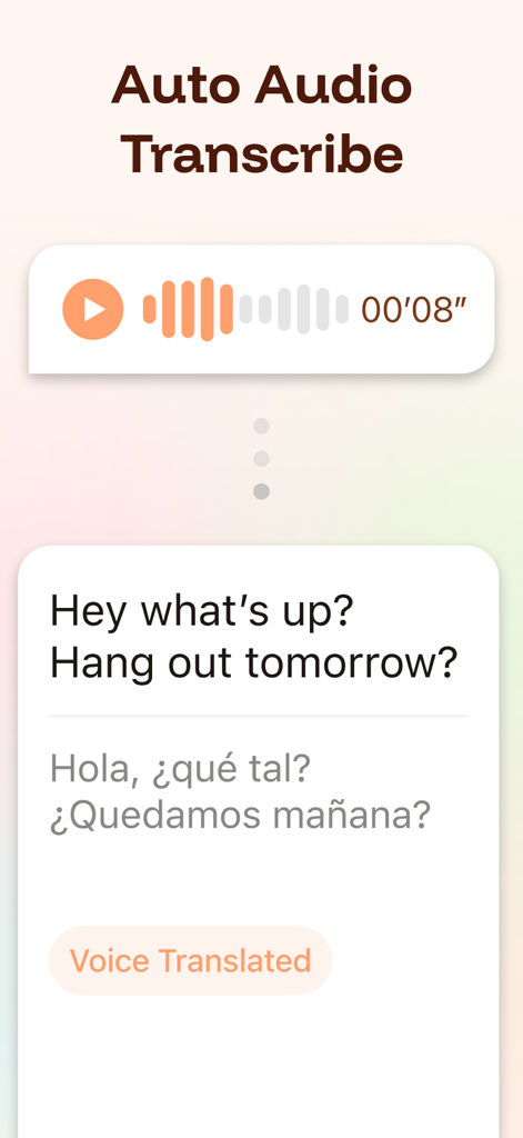 Intent: Closer Across Language - Una captura de pantalla de la aplicación Intent que muestra un mensaje de audio transcrito y traducido de inglés a español.