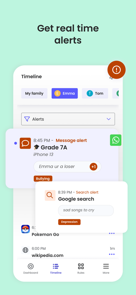 Interface of Qustodio app showing real time alerts for bullying in messages and mental health concerns in searches