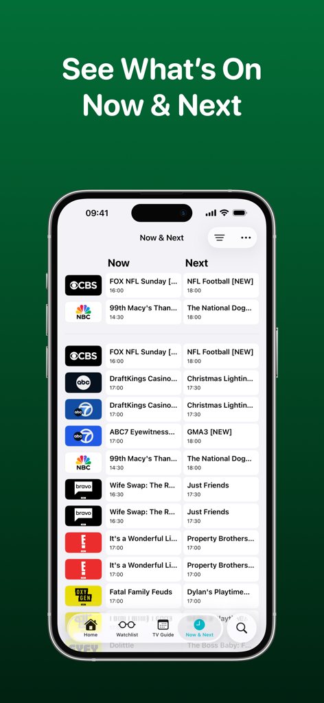 TV Launcher - Live US Channels - TV Launcher app interface showing a list of live US TV channels with their current and upcoming program schedules on an iPhone