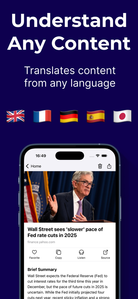 Una captura de pantalla de una aplicación móvil que demuestra la función de traducción multilingüe para resúmenes generados por IA con iconos de banderas y un artículo de noticias resumido.