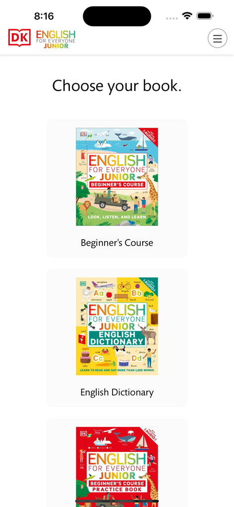 Pantalla de selección de libros de texto y diccionario de DK English for Everyone Junior