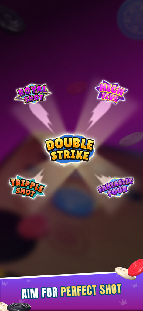 Carrom Board by Bhoos - Pantalla de juego de Carrom Board by Bhoos que muestra tipos de tiros especiales como Royal Shot y Double Strike con la leyenda Aim for Perfect Shot.