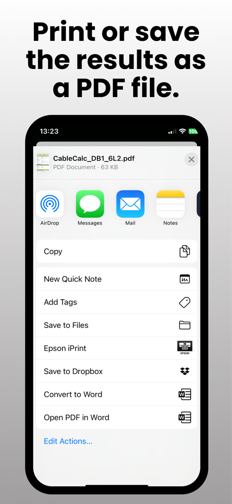 Tela do iPhone mostrando opções para imprimir, salvar ou compartilhar um resultado de cálculo de cabo como um arquivo PDF