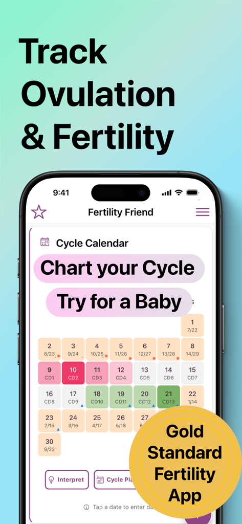 Screenshot of the Fertility Friend FF Tracker app showing a detailed cycle calendar for tracking ovulation and fertility.