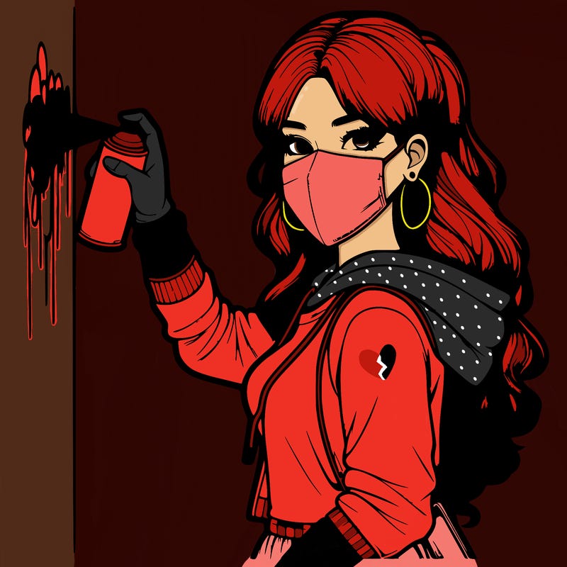 realistic girl with mask spray painting a wall