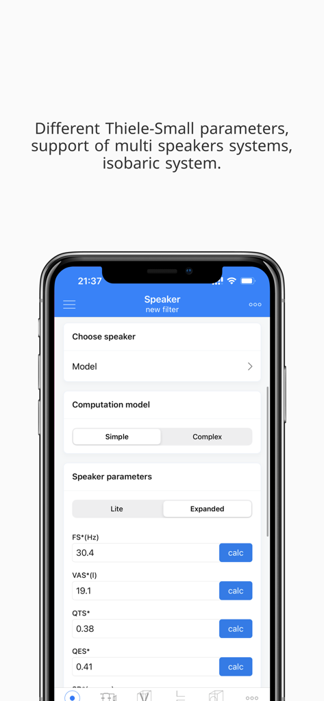 Speaker Box Lite - Smartphone screen showing the input for Thiele-Small speaker parameters in the Speaker Box Lite app