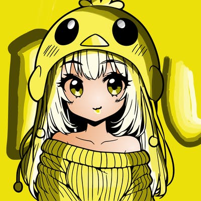 anime girl with chick shaped hat with sweater with bare shoulders with bangs covering them one eye with low tail