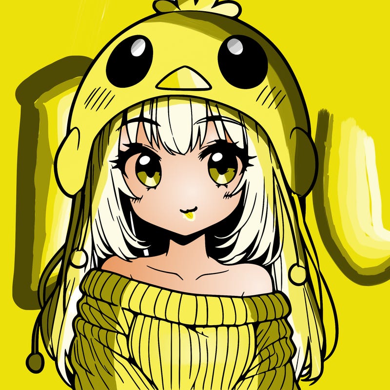 anime girl with chick shaped hat with sweater with bare shoulders with bangs covering them one eye with low tail