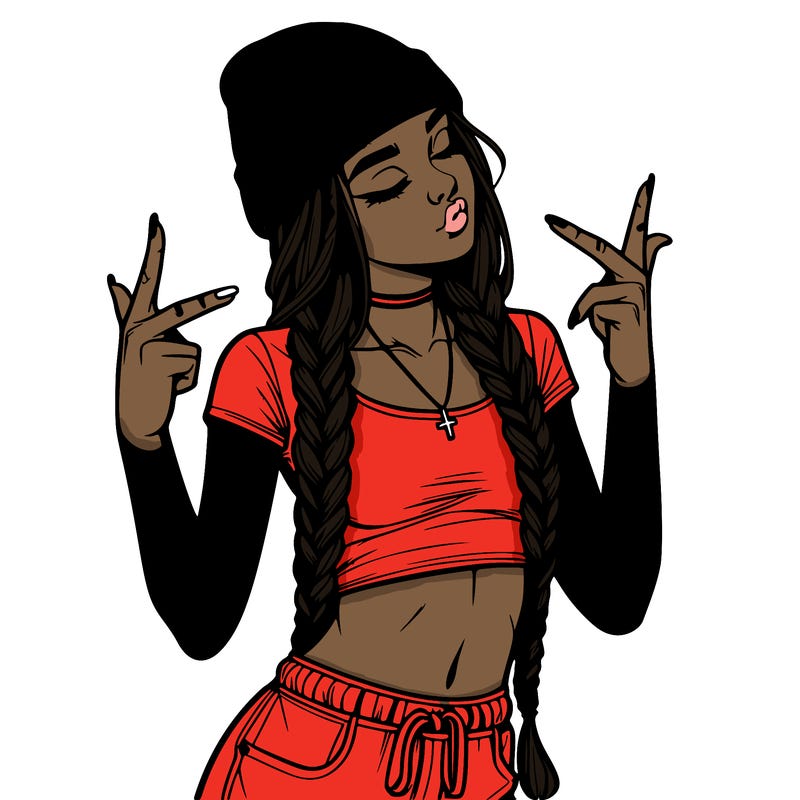 realistic teenage girl with braids and a beanie and crop top doing 🫶🏼