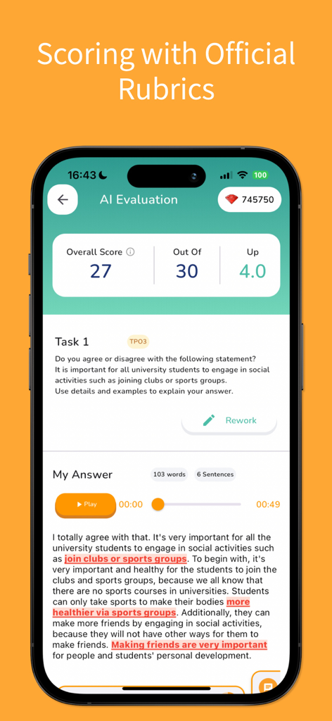 LingoLeap: AI TOEFL Prep - LingoLeap app interface showing AI evaluation of a TOEFL writing task with an overall score of 27 out of 30 and highlighted feedback