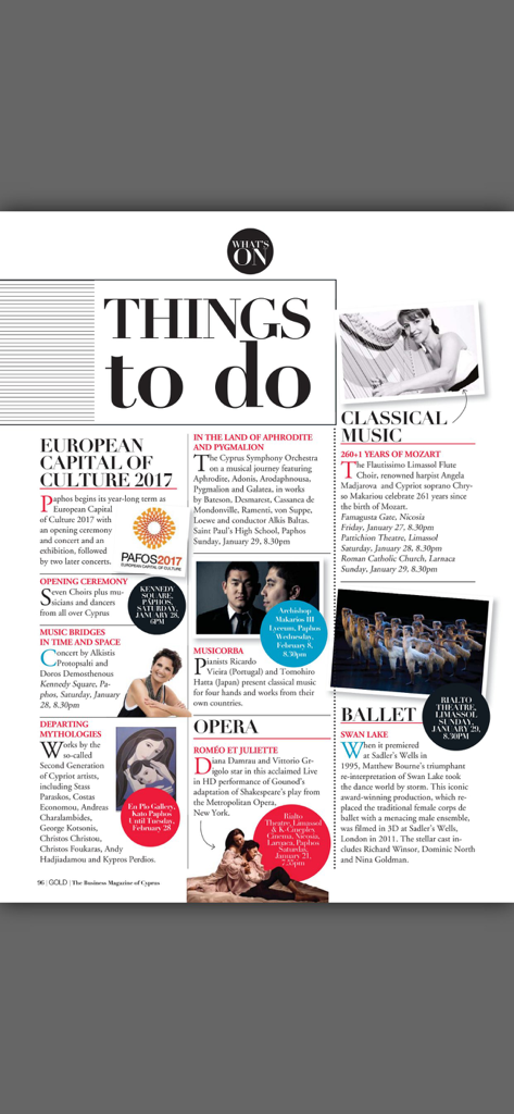 Gold Magazine - A magazine page titled Things to do showcasing cultural events in Cyprus including classical music, opera, and ballet.