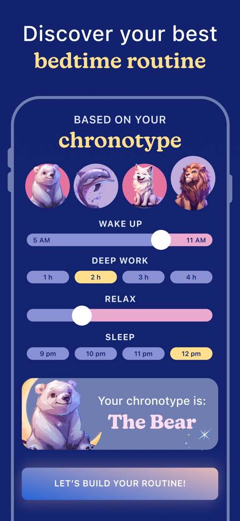 Lune: Bedtime Sleep Routine - Luneアプリの画面。ベアのクロノタイプに基づいた睡眠ルーティンのカスタマイズが表示されています。