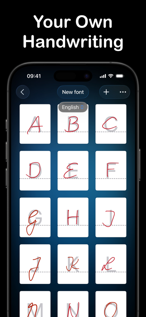 Schermata dell'app Conwrite che mostra un utente mentre crea un font di scrittura a mano personalizzato scrivendo singole lettere su una griglia.