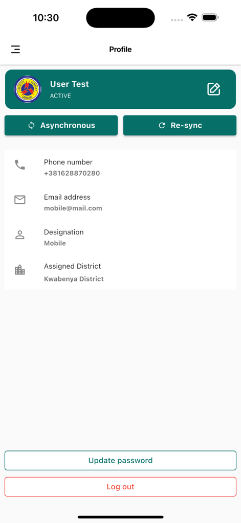 CAIMSモバイルアプリのユーザープロファイル画面、技術者の詳細連絡先情報とデータ同期オプションを表示