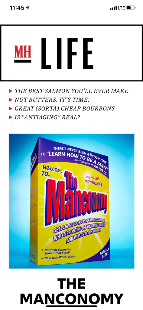 Captura de pantalla de la aplicación Men's Health Magazine que muestra un artículo titulado The Manconomy con una lista de contenido de estilo de vida