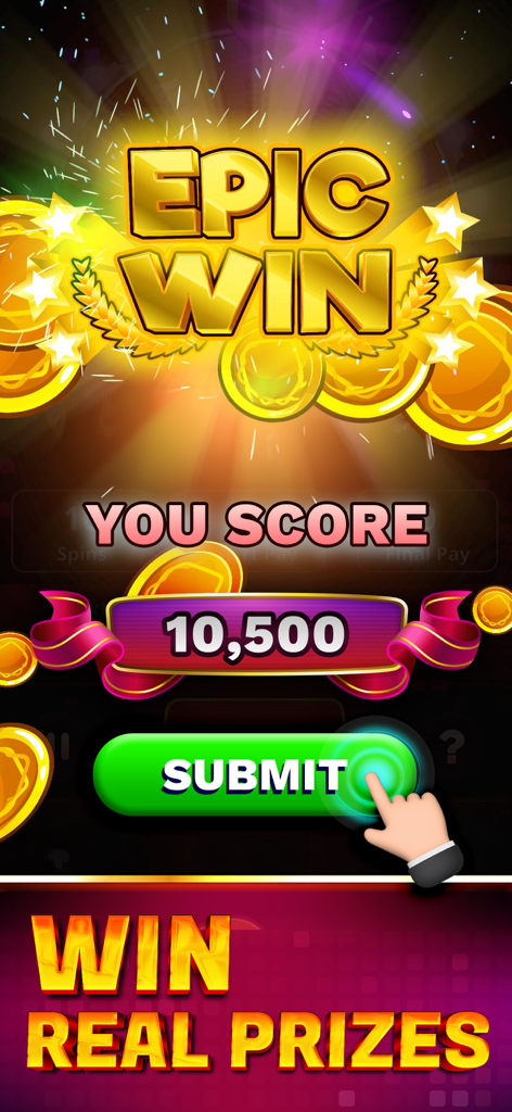 Spin Wheel Blitz game screen displaying an epic win with a score of 10500 and a prompt to win real prizes