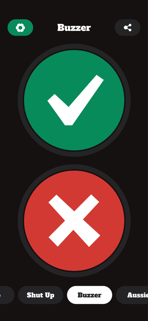 A mobile app interface showing a green checkmark button and a red cross button under the title Buzzer