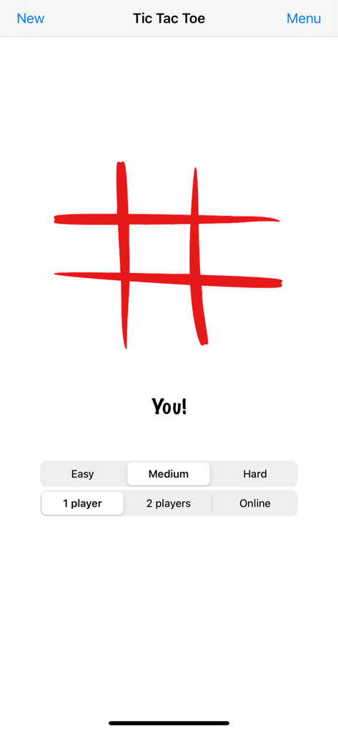 Tic Tac Toe app main screen with red grid difficulty settings and game modes