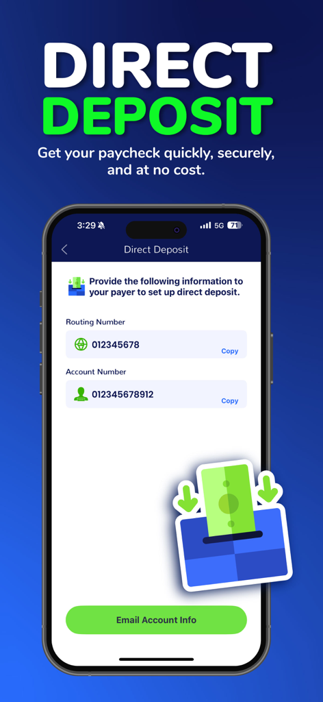 MyBambu - MyBambu app screen for setting up direct deposit with routing and account numbers