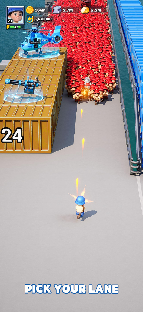 A soldier in a blue helmet running toward a massive horde of red enemies on a pier with the caption Pick Your Lane.