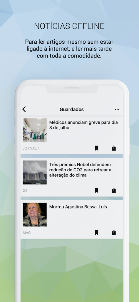 Screenshot of the SAPO mobile app showing the offline news feature with a list of saved articles for reading without internet access.