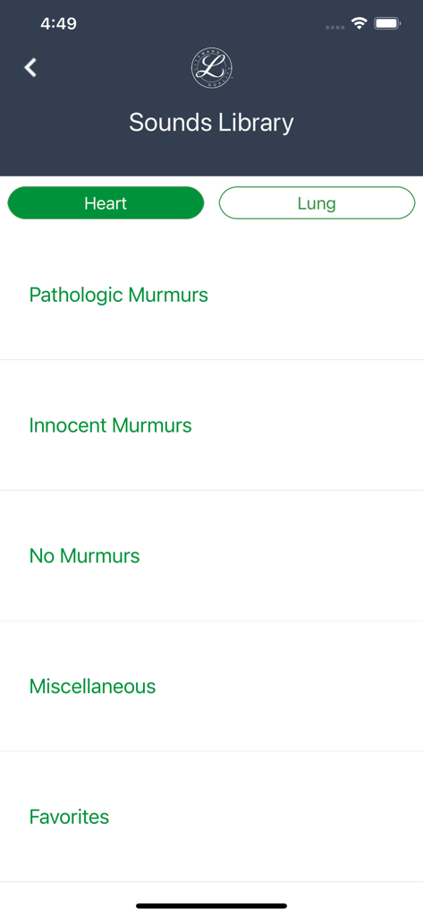 Littmann™ University - Biblioteca de sonidos de la aplicación Littmann University que muestra categorías de soplos cardíacos.
