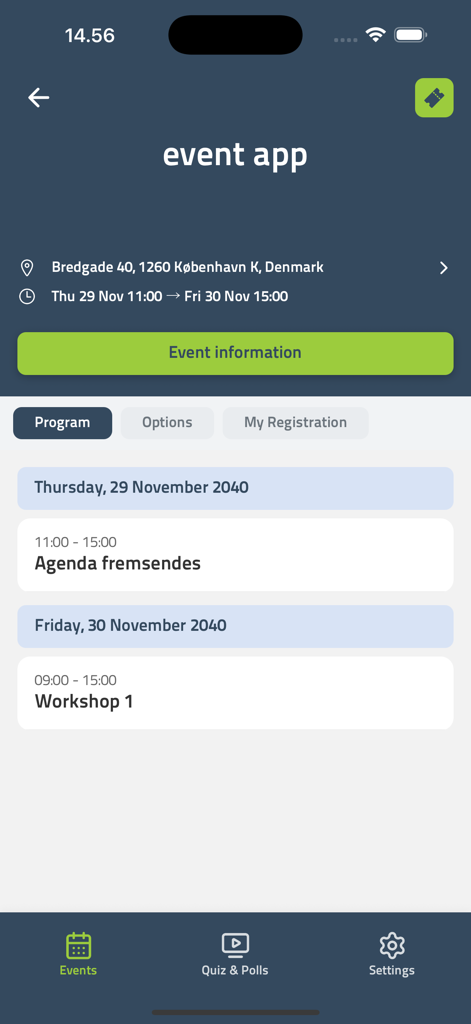CM Events - Interface of the CM Events app displaying a professional event program with dates and workshop schedules