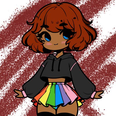 cute femboy with short, fluffy hair that softly frames their face, wearing a cropped hoodie, paired with a flouncy short skirt, and thigh-high stockings