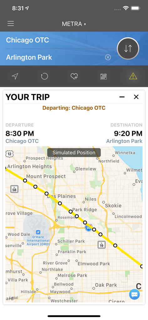 onTime Metra, CTA - onTime app showing a Metra train schedule from Chicago OTC to Arlington Park with a route map.