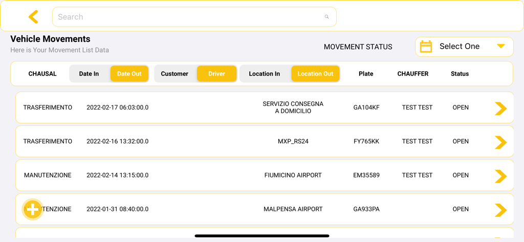 MyRent The Car Rental Software - Tabella dei movimenti dei veicoli a noleggio che mostra date, posizioni e stati nell'app MyRent