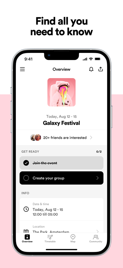 Woov-App-Oberfläche, die die Veranstaltungsübersicht für ein Musikfestival mit Datum und Beitrittsoptionen anzeigt
