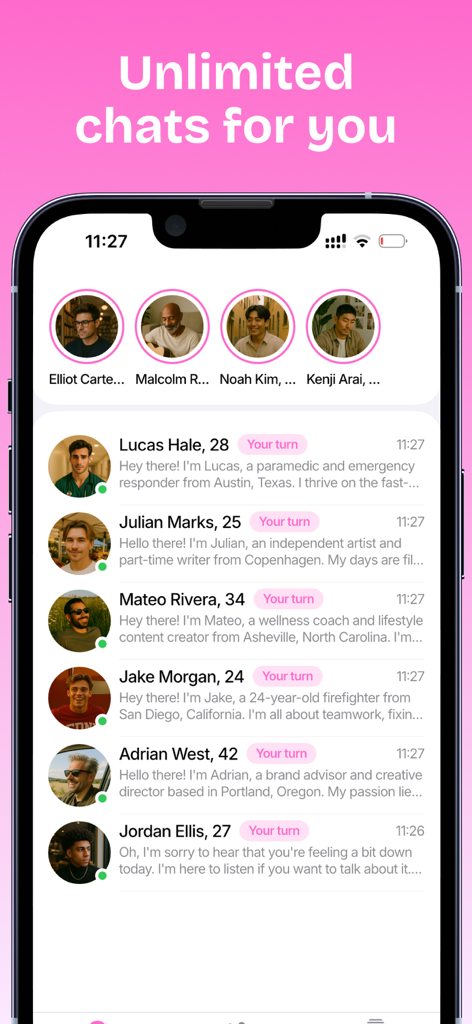 AI Boyfriend Chat - Husby - A screen from the Husby app showing multiple chat conversations with different AI boyfriend profiles.