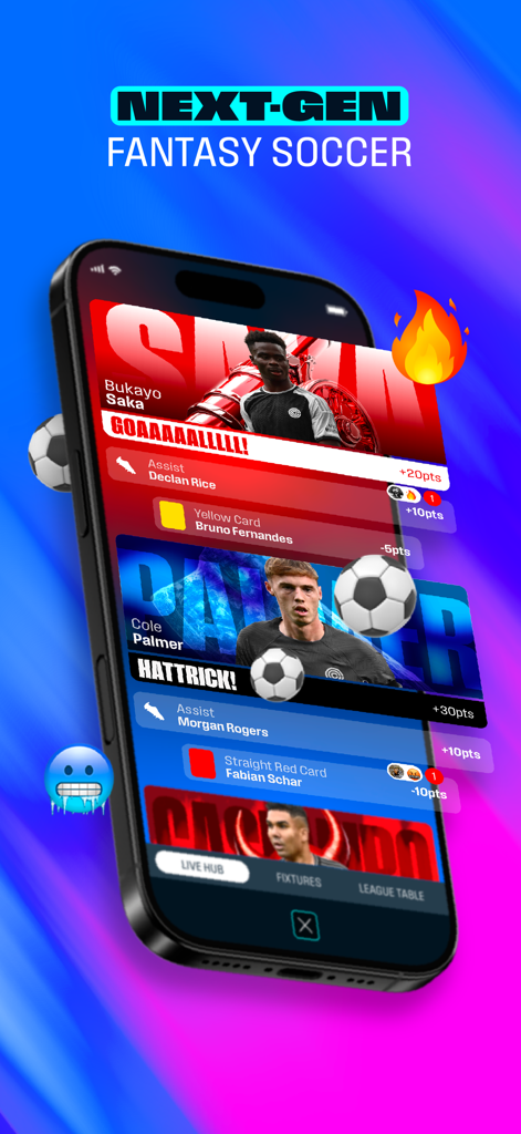 CLUB - Football Manager Game - Un smartphone mostrando puntuaciones en vivo de fútbol de fantasía y puntos de rendimiento de jugadores en el juego móvil CLUB