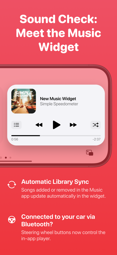 Simple Speedometer: Pure Speed - Interface of the Simple Speedometer app showing the integrated music widget with playback controls and car bluetooth sync details