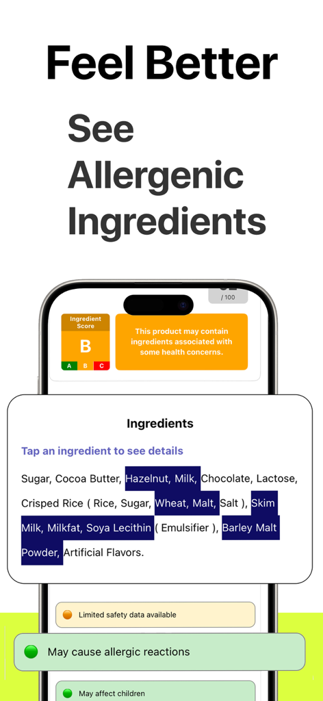Yucca app interface highlighting allergenic ingredients and health concern scores for a food product.